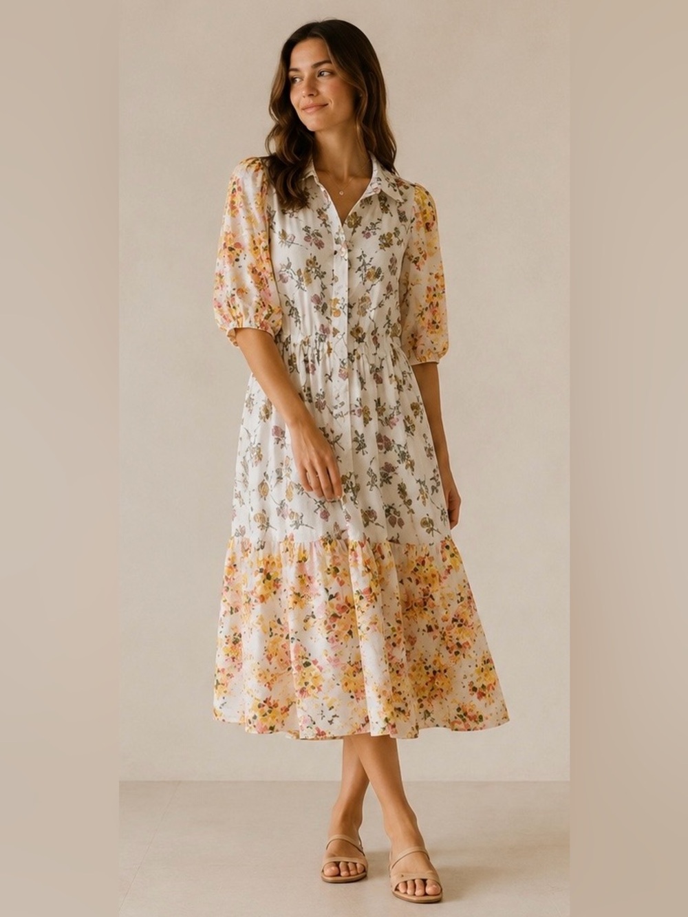 CELINA MOON White Floral Button-Front Midi Dress with Yellow Accents